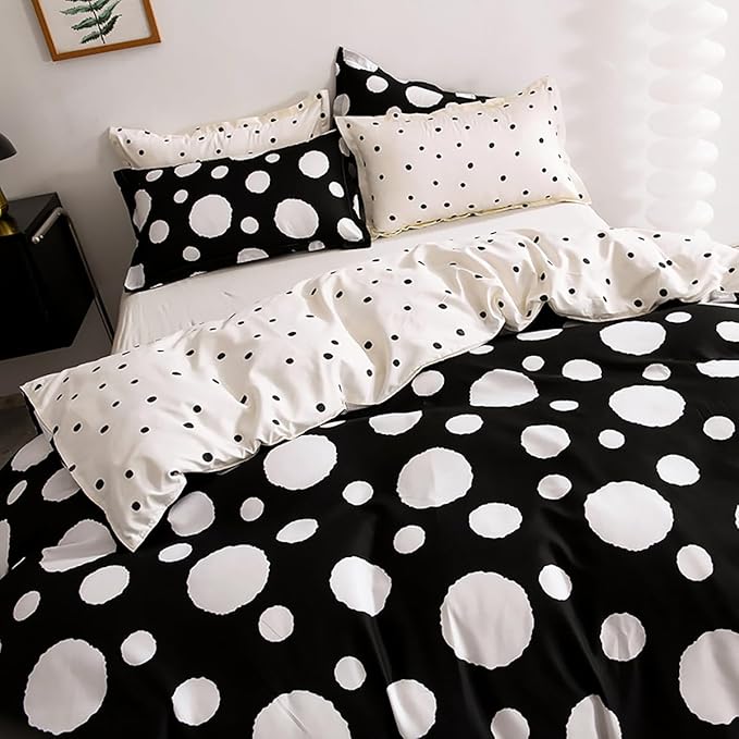 White Polka Dots Comforter King Black White Dots Print Reversible Gingham King Bedding Comforter Set Boys Girls Black White Bed Sets Soft 3Pcs King Comforter Sets - LeafyLoom