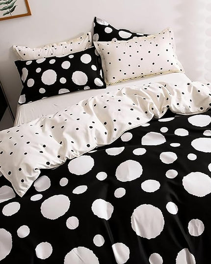 Queen Bedding Set, 3Pcs Comforter Set with Polka Dots Print, Reversible Gingham, Black White Dots, Soft for Hot Sleeper, Machine Washable, Ideal for All Ages & Genders - LeafyLoom
