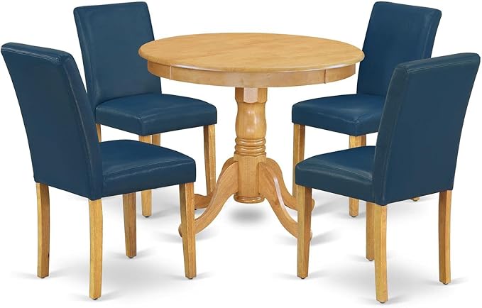 East West Furniture ANAB5-OAK-55 Antique 5 Piece Dining Room Set Includes a Round Kitchen Table with Pedestal and 4 Oasis Blue Faux Leather Upholstered Parson Chairs, 36x36 Inch - LeafyLoom