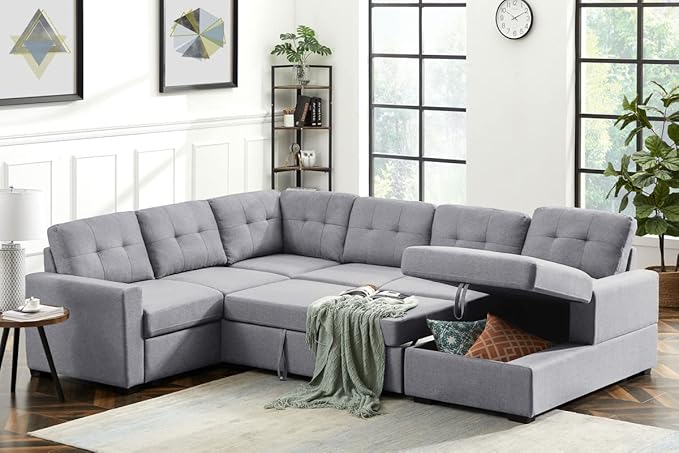 LOVMOR Living Room U Shape Large Sectional Sofa with Pull Out Sleeper Bed, Storage Chaise, Corner Couch with Arms and 2 Cup Holder for Home Furniture, Apartment, Dorm, Light Gray, 90 Inch - LeafyLoom