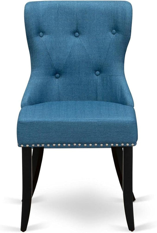 East West Furniture SIP1T21 Sion Parson Dining Room Button Tufted Nailhead Trim Blue Linen Fabric Upholstered Chairs, Set of 2, Black - LeafyLoom