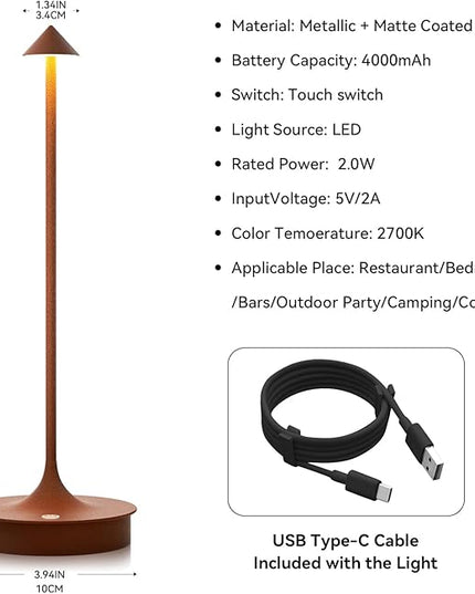 Set of 2 Cordless Table Lamp Rechargeable, Battery Operated Desk Lamp, 4000mAh LED Touch Lamp, Dimmable Portable Outdoor Waterproof Wireless Table Light for Restaurants/Bars/Outdoor(Brown) - LeafyLoom