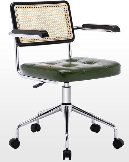 Zesthouse Modern Home Office Chair Leather Desk Chair with Rattan Back, Vanity Chair for Girls Women, Upholstered Tufted Swivel Armchair for Bedroom, Height Adjustable Computer Task Chair - LeafyLoom