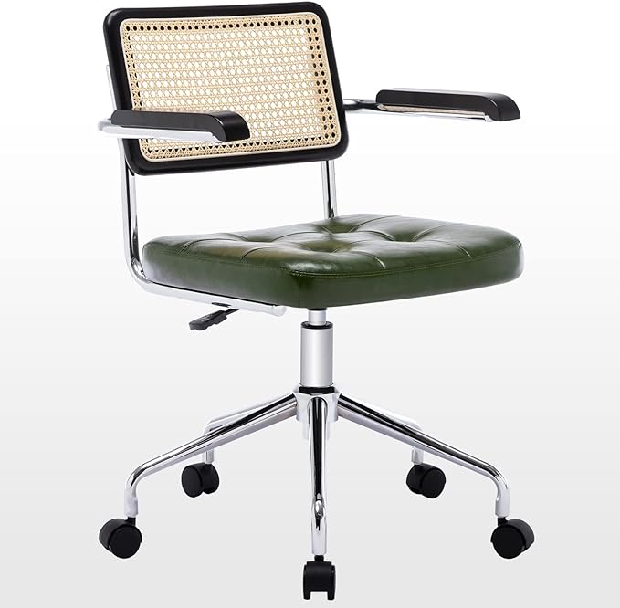 Zesthouse Modern Home Office Chair Leather Desk Chair with Rattan Back, Vanity Chair for Girls Women, Upholstered Tufted Swivel Armchair for Bedroom, Height Adjustable Computer Task Chair - LeafyLoom