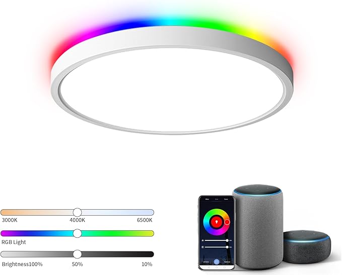 TALOYA Smart Ceiling Light Fixture 10 Inch Flush Mount Led with RGB Night Light, Compatible with Alexa Google Assistant, 2.4G WiFi Ceiling Mount Lamp for Kids’ Room Taloya