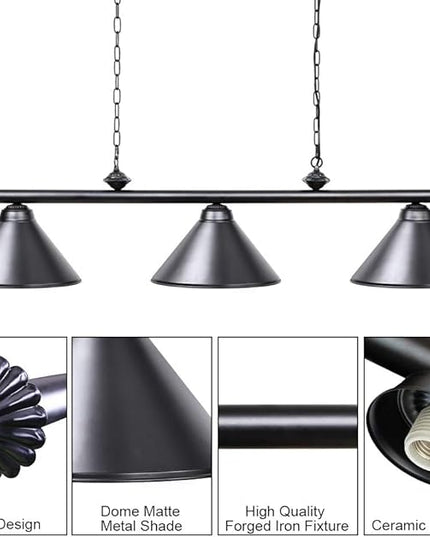 Wellmet 3 Light Pool Table Light, Vintage Retro Kitchen Island Pendant Light with Matte Black Shade, Modern Industrial Chandelier - LeafyLoom