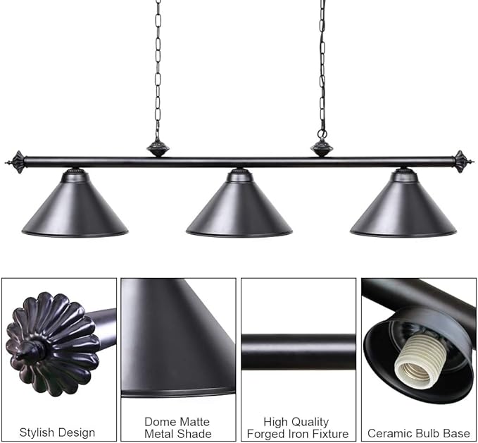 Wellmet 3 Light Pool Table Light, Vintage Retro Kitchen Island Pendant Light with Matte Black Shade, Modern Industrial Chandelier - LeafyLoom