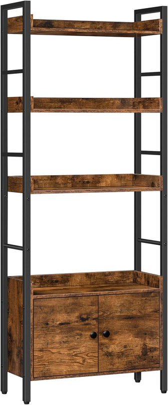 HOOBRO 4-Tier Bookshelf with Doors, Industrial Wooden Bookcase with Storage, Storage Shelf with Protective Rails, for Living Room, Home Office, Rustic Brown and Black BF46SJ01 - LeafyLoom
