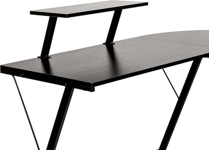 Flash Furniture Ginny Corner Desk - Black/Black Space Saving L-Shaped Gaming Desk with Monitor Shelf - 71.5" 2-Tier Computer Desk, Home Office Desk, Easy Assembly - LeafyLoom