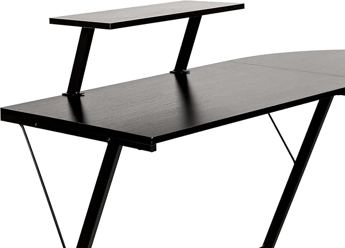 Flash Furniture Ginny Corner Desk - Black/Black Space Saving L-Shaped Gaming Desk with Monitor Shelf - 71.5" 2-Tier Computer Desk, Home Office Desk, Easy Assembly - LeafyLoom