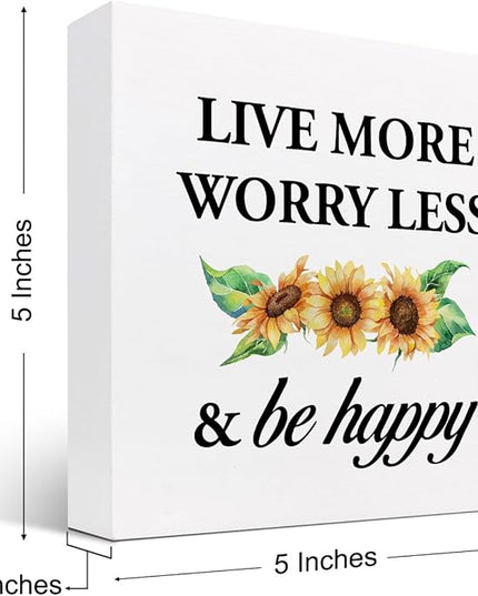 Live More Worry Less and Be Happy Sunflower Wood Block Sign Desk Decor,Rustic Inspirational Wooden Box Plaque Sign Desk Decor for Home Bedroom Living Room Office Shelf Table Decorations - LeafyLoom