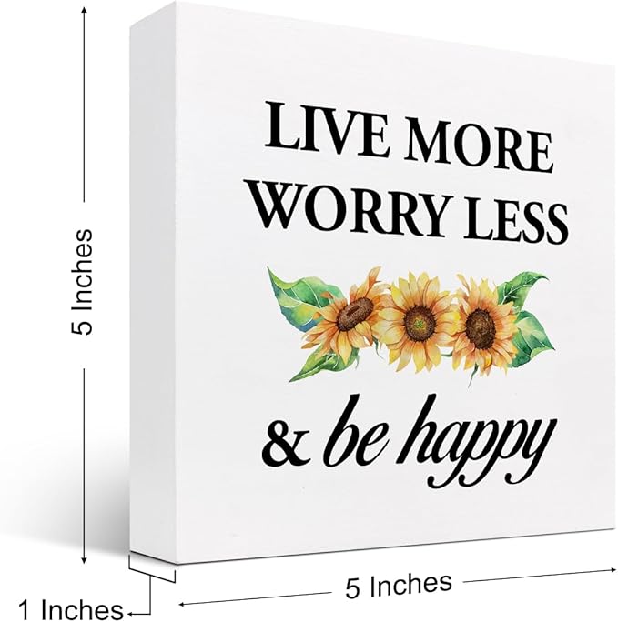 Live More Worry Less and Be Happy Sunflower Wood Block Sign Desk Decor,Rustic Inspirational Wooden Box Plaque Sign Desk Decor for Home Bedroom Living Room Office Shelf Table Decorations - LeafyLoom