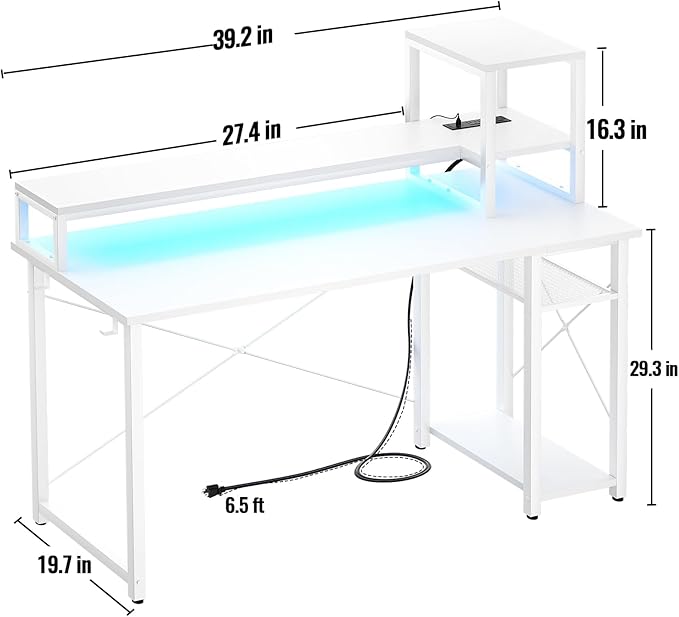 Gaming Desk with Lights & Power Outlets, 39.4' Computer Desk with Shelves, Small Desk for Small Space, Writing Desk with Monitor Stand, White - LeafyLoom