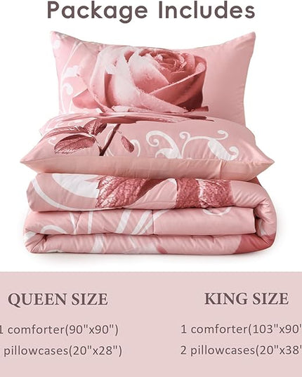 WONGS BEDDING Pink Comforter Set Queen Reversible Pink Rose Pattern Printed Bedding Comforter Set with 2 Pillowcases for All Season, Soft Microfiber Filling Bedding Set 90"x90" - LeafyLoom