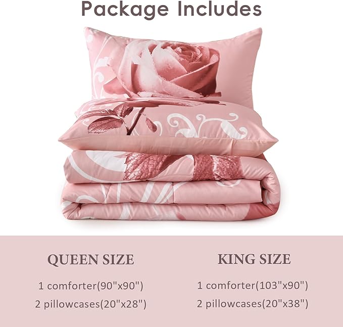 WONGS BEDDING Pink Comforter Set Queen Reversible Pink Rose Pattern Printed Bedding Comforter Set with 2 Pillowcases for All Season, Soft Microfiber Filling Bedding Set 90"x90" - LeafyLoom