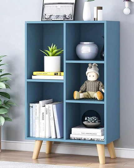 IOTXY Wooden Open Shelf Bookcase - 3-Tier Floor Standing Display Cabinet Rack with Legs, 5 Cubes Bookshelf, Bright Blue - LeafyLoom