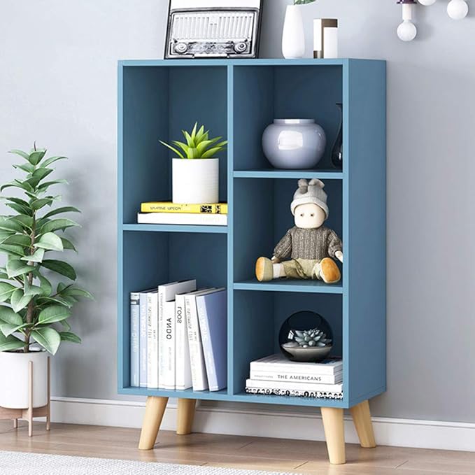 IOTXY Wooden Open Shelf Bookcase - 3-Tier Floor Standing Display Cabinet Rack with Legs, 5 Cubes Bookshelf, Bright Blue - LeafyLoom