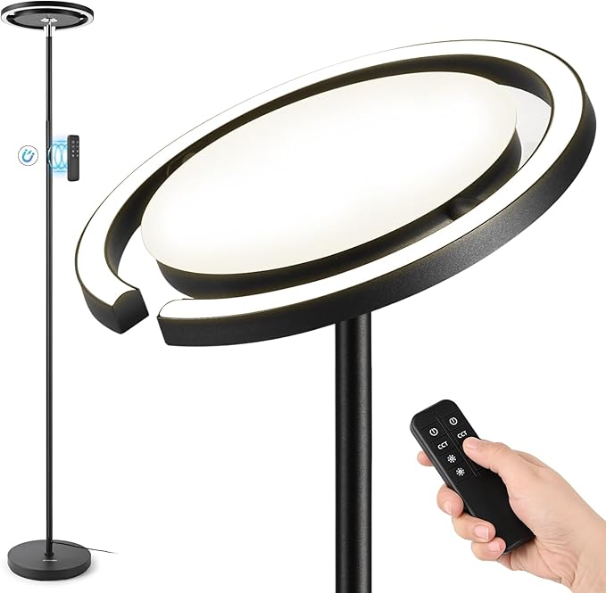 FIMEI Floor Lamp, Sky Modern Bright Standing Lamp with Rotatable Outer Ring Light, 3 Color Temperature and Stepless Dimming, Remote/Touch Independent Control for Living Room Bed Room Office, Black - LeafyLoom