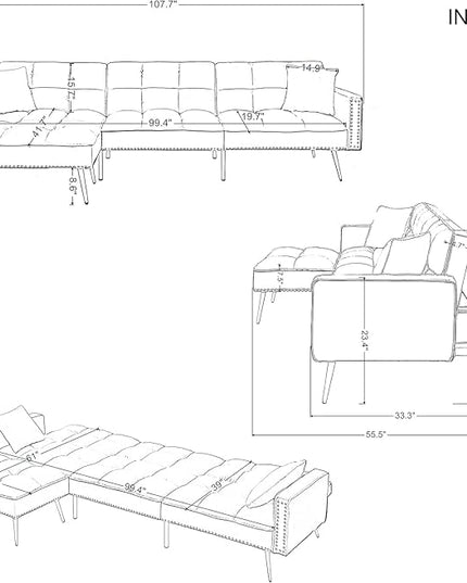 L-Shaped Living Room Furniture Sets Velvet Upholstery Tufted Corner Sectional Sofa Convertible Sleeper Couch Bed with Reversible Chaise Movable Ottoman & Nailhead Decor for Home Apartment - Beige - LeafyLoom