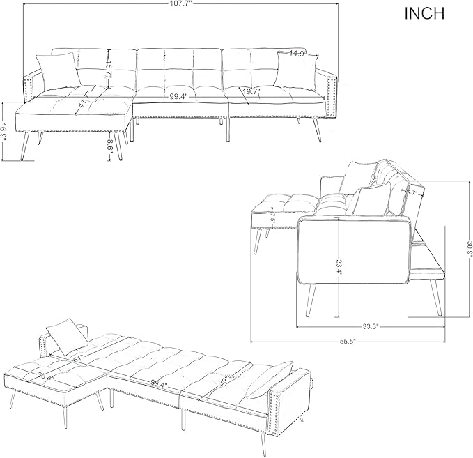 L-Shaped Living Room Furniture Sets Velvet Upholstery Tufted Corner Sectional Sofa Convertible Sleeper Couch Bed with Reversible Chaise Movable Ottoman & Nailhead Decor for Home Apartment - Beige - LeafyLoom