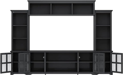 Entertainment Wall Unit with Bridge, Stand Media Console Table for TVs Up to 70" with Tempered Glass Door, Ample Storage Space for Living Room, 104 Inch, Black - LeafyLoom