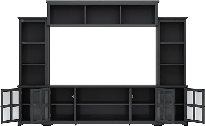 Entertainment Wall Unit with Bridge, Stand Media Console Table for TVs Up to 70" with Tempered Glass Door, Ample Storage Space for Living Room, 104 Inch, Black - LeafyLoom