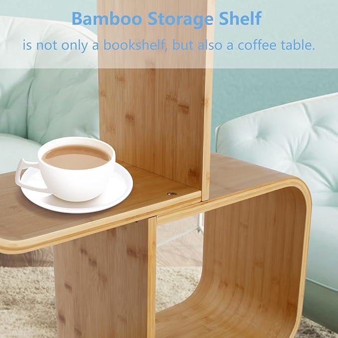 4-Tier S-Shaped Geometric Modern Bamboo Bookshelf, Large Capacity Creative Display Curved Rack Free-standing Bedside Table 2 in 1 Bookcase Storage CDs, DVDs Book Shelf for Home, Office, Living Room - LeafyLoom