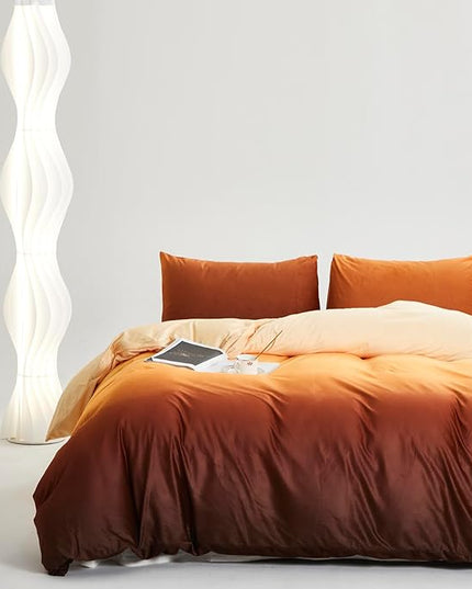 Wellboo Orange Gradient Comforter Sets King Yellow and Orange Velvet Bedding Comforters Women Modern Plain Orange Brown Flannel Quilts Farmhouse Abstract Art Orange Plush Blanket Winter Fuzzy Bed - LeafyLoom