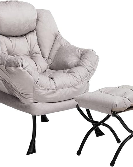 HollyHOME Fabric Lazy Chair with Foldable Ottoman, Accent Comfy Lounge Arm Chair and Folding Footrest Stool Set, Leisure Sofa Reading Chair and Footstool for Living Room, Bedroom, Dorm, Grey - LeafyLoom