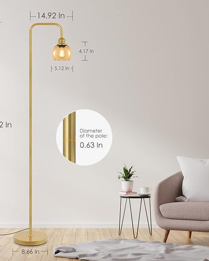 Modern Floor Lamp for Living Room with 6W LED Bulb, Industrial Floor Lamp, Amber Glass, Classic Reading Tall Lamp for Home Office, Standing Lamp for Study, Minimalist, Vintage, Mid Century, Brass Gold - LeafyLoom