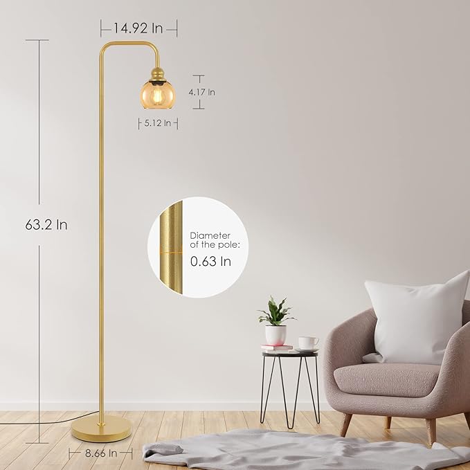 Modern Floor Lamp for Living Room with 6W LED Bulb, Industrial Floor Lamp, Amber Glass, Classic Reading Tall Lamp for Home Office, Standing Lamp for Study, Minimalist, Vintage, Mid Century, Brass Gold - LeafyLoom