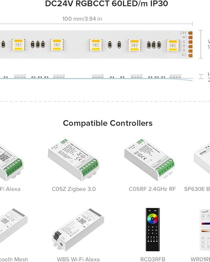 BTF-LIGHTING RGBCCT 5 Colors in 1 LED 5050SMD RGBWW RGB+Dimmable Tunable Color Temperature 2700K-6500K 16.4ft 60LEDs/m 300LEDs DC24V Multi-Colored Tape Lights IP30 White PCB(No Adapter or Controller) BTF-LIGHTING