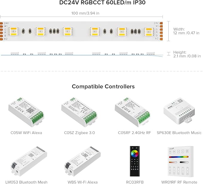 BTF-LIGHTING RGBCCT 5 Colors in 1 LED 5050SMD RGBWW RGB+Dimmable Tunable Color Temperature 2700K-6500K 16.4ft 60LEDs/m 300LEDs DC24V Multi-Colored Tape Lights IP30 White PCB(No Adapter or Controller) BTF-LIGHTING