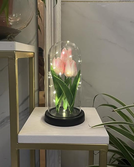 LED Tulip Lamp Artificial Flower Night Light Handmade Light up Tulips in Glass Dome Table Lamp Ornaments Desktop Decor - Battery Operated (Pink) - LeafyLoom