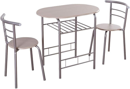 DORTALA 3PCS Dining Table Set, 1 table & 2 chairs set, 3 Piece Compact Dining Set, Oval Table & Mid-back Chairs w/Built-in Wine Rack, Suitable for Small Space, Silver & Natural - LeafyLoom