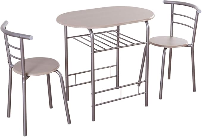 DORTALA 3PCS Dining Table Set, 1 table & 2 chairs set, 3 Piece Compact Dining Set, Oval Table & Mid-back Chairs w/Built-in Wine Rack, Suitable for Small Space, Silver & Natural - LeafyLoom