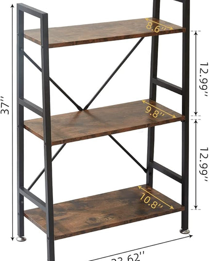 TooCust 3 Tier Open Book Shelf, 37" x 23" x 10.8" 3 Tier Wood Bookshelf, 3 Shelf Bookcase, Vintage Standing Metal Frame Book Shelves, Rustic Brown - LeafyLoom