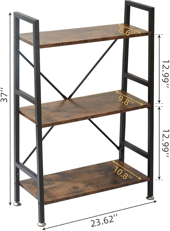 TooCust 3 Tier Open Book Shelf, 37" x 23" x 10.8" 3 Tier Wood Bookshelf, 3 Shelf Bookcase, Vintage Standing Metal Frame Book Shelves, Rustic Brown - LeafyLoom