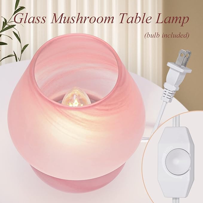 Mushroom Lamp Cute Table Lamp for Bedroom Nightstand Soft Light Pink, Small Glass Nightlight Stepless Dimmable Desk Lamp for Dining, Living, Nursery, Vanity, Home Decor Gift for Girls Women - LeafyLoom
