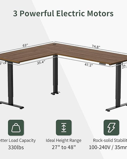 FEZIBO Triple Motor L-Shaped Electric Standing Desk, 75 Inches Height Adjustable Stand up Corner Desk, Sit Stand Workstation with Splice Board, Black Frame/Black Walnut Top - LeafyLoom