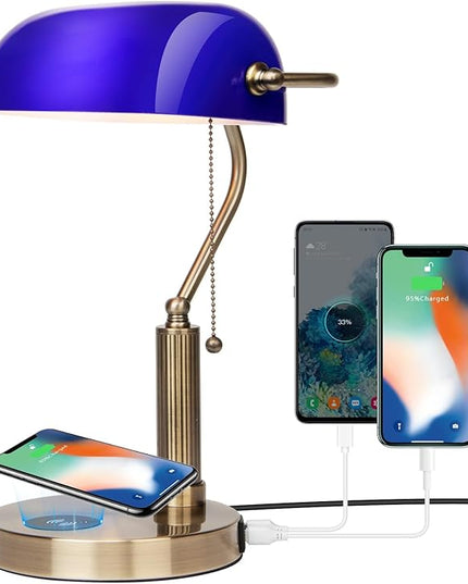 FIRVRE Bankers Lamp with2 USB and Wireless Charging Port，Pull Chain Switch Blue Glass Desk Lamp， E26 Base,Traditional Library Desk Lamps for Home Office,Bedroom,Piano - LeafyLoom
