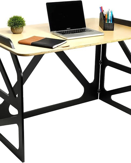 EXCELLO GLOBAL PRODUCTS Stow Away Desk with 30" x 47" Writing Surface: Perfect for Apartments, Dorms, Small Spaces and Work from Home (Natural & Black Finish) - LeafyLoom
