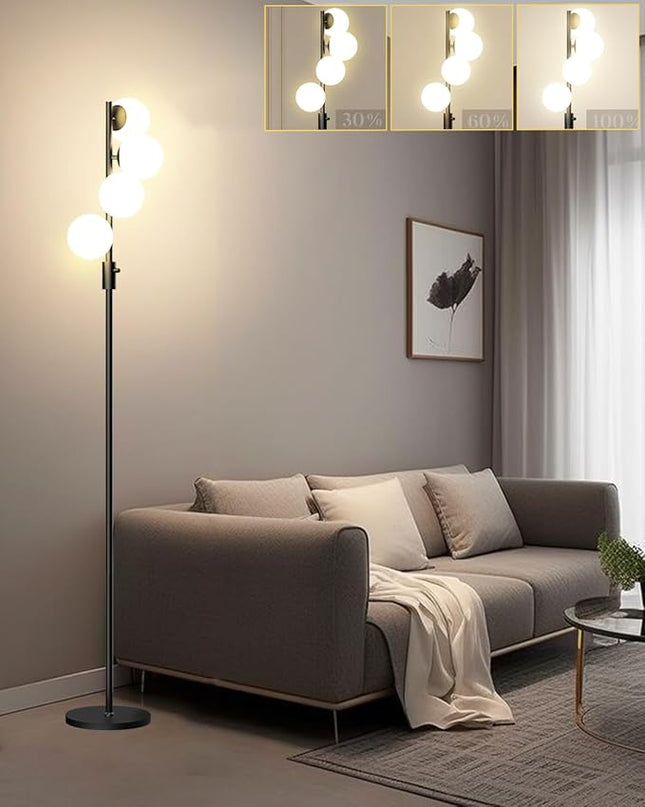 Lightdot 64IN Dimmable (Brightness Adjustable) Globe Floor Lamp, Black Standing Lamps with 4PCS 3000K G9 Bulbs Soft Warm White Eye Care, Mid Century Modern Floor Lamp for Living Room - LeafyLoom