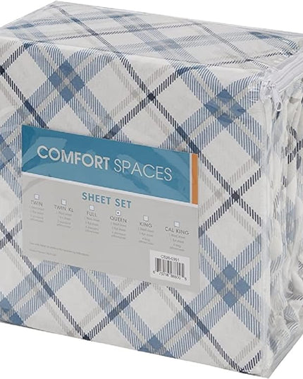 Comfort Spaces Cotton Flannel Breathable Warm Deep Pocket Sheets with Pillow Case Bedding, Cal King, Blue Plaid 4 Piece - LeafyLoom