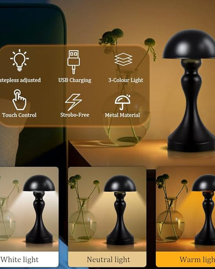 Portable LED Table Lamp, 3-Levels Brightness Metal Desk Lamp, 3 Color Touch Control Rechargeable Lamp, Night Light, Bedside Lamp,Dining Room Lamp (Black) - LeafyLoom