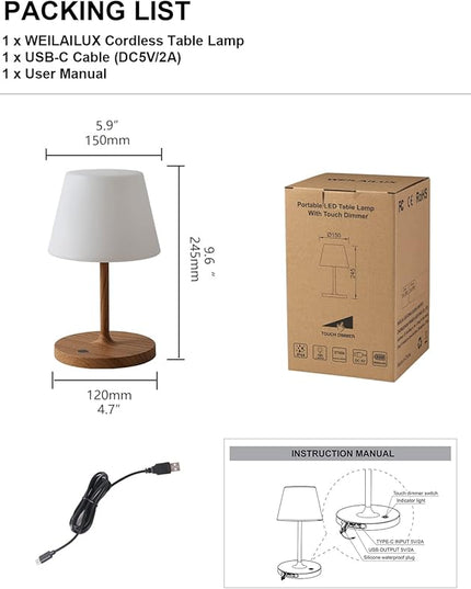 Outdoor Battery Operated Table Lamp Waterproof, 4000mAh Cordless Rechargeable, Touch Dimmable Desk Lamp, LED Night Light for Patio Camping Restaurant Home, H9.6in, Wood Grain - LeafyLoom