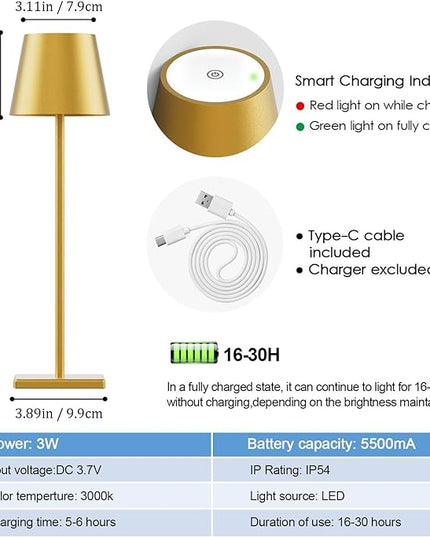 2-Pack LED Cordless Table Lamp 3W 5500mAh Rechargeable Table Lamps Battery Operated Table Light Stepless Dimmable Portable Table Lamp for Restaurant/Table/Bedroom/Outdoor (Gold) - LeafyLoom