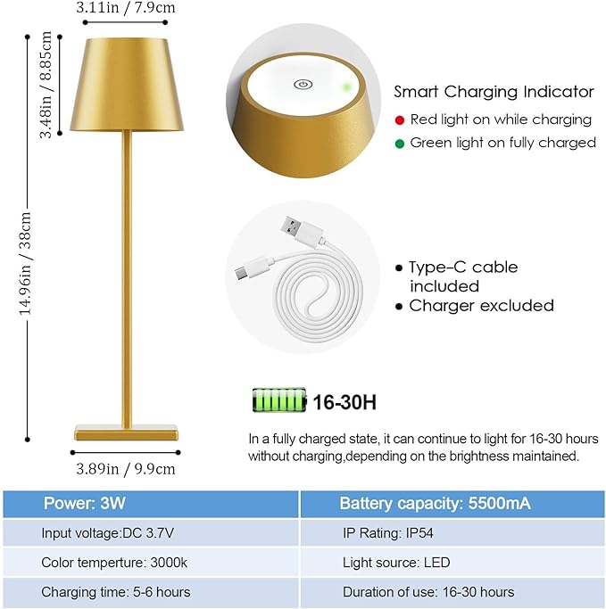 2-Pack LED Cordless Table Lamp 3W 5500mAh Rechargeable Table Lamps Battery Operated Table Light Stepless Dimmable Portable Table Lamp for Restaurant/Table/Bedroom/Outdoor (Gold) - LeafyLoom