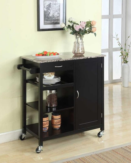 King's Brand Furniture-Black Wood & Marble Finish Top Kitchen Storage Cabinet Cart - LeafyLoom