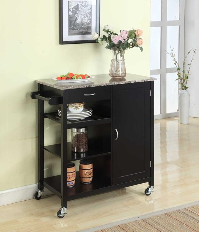 King's Brand Furniture-Black Wood & Marble Finish Top Kitchen Storage Cabinet Cart - LeafyLoom